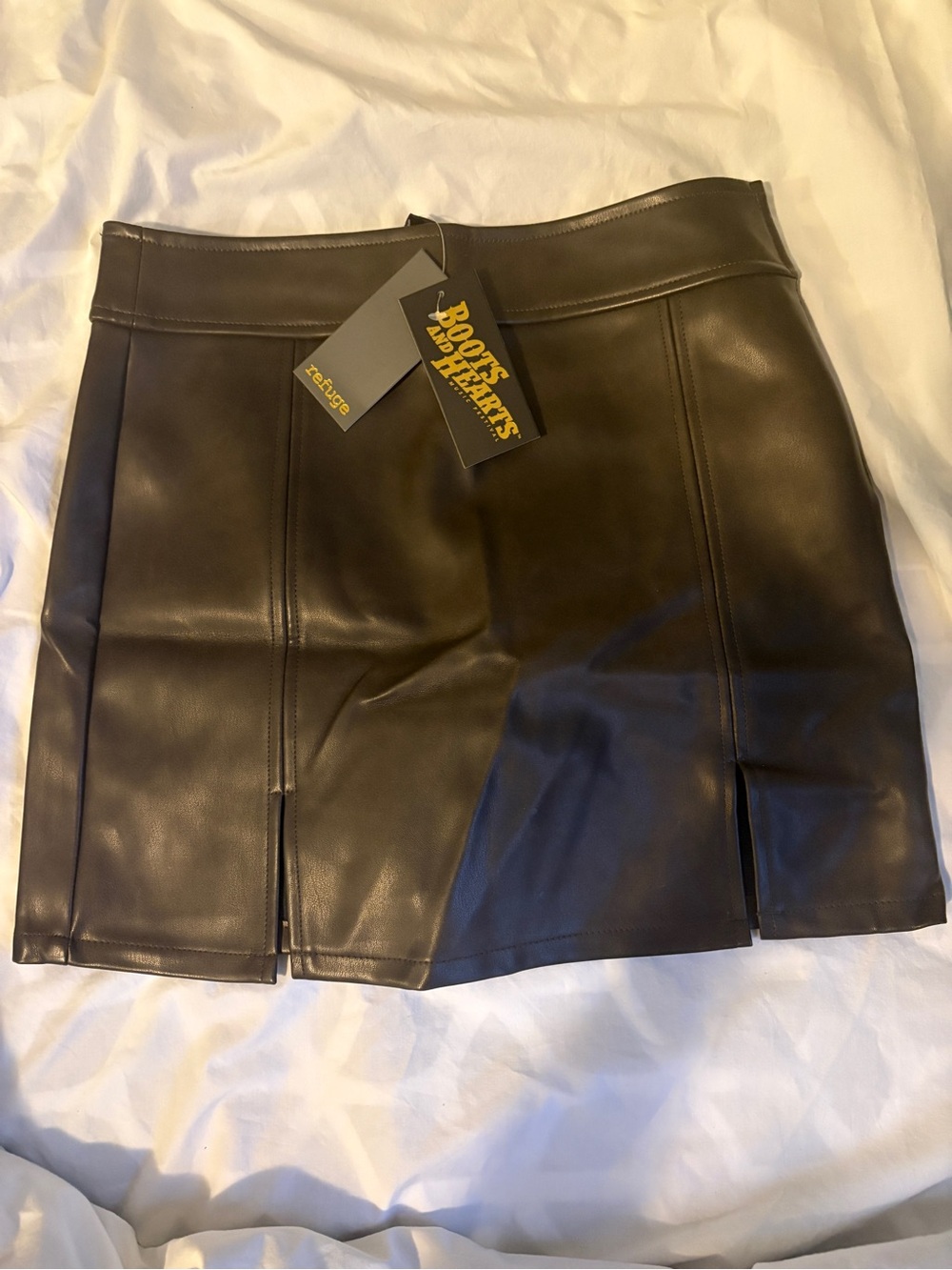 Brown Faux Leather Skirt with Front Slits